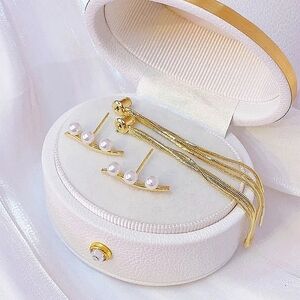 NEW 2 in 1, 18k Gold‎ Tassel Adjustable Pearl Earrings
